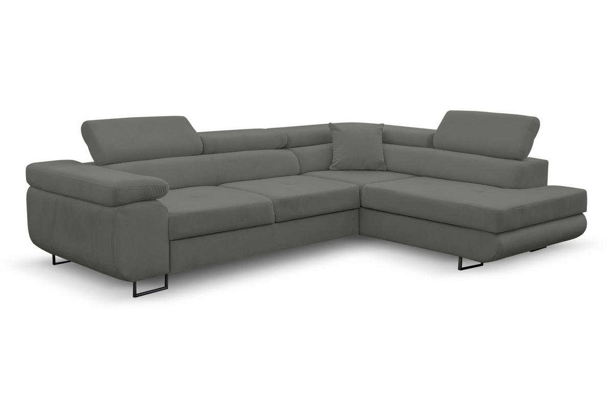 ECKSOFA Jerry in L-Form mit Schlaffunktion und Bettkasten, Farbe: Grau, Veloursstoff, Ottomane Rechts - Grau, Textil (275/202cm) - VENASI MÖBEL