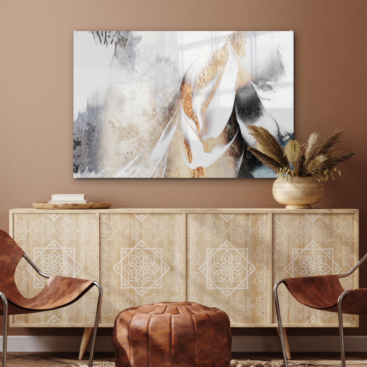 ACRYLGLASBILD Luxus - Abstrakt - Gold - Weiß 90x60 cm - Goldfarben, Glas (90/60cm) - MuchoWow
