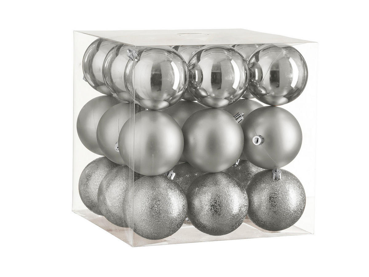LAALU CHRISTBAUMKUGEL-SET 27 Stück Ornamente: rund silber mix 8 cm - Silberfarben, Kunststoff (35/35/35cm) - LAALU