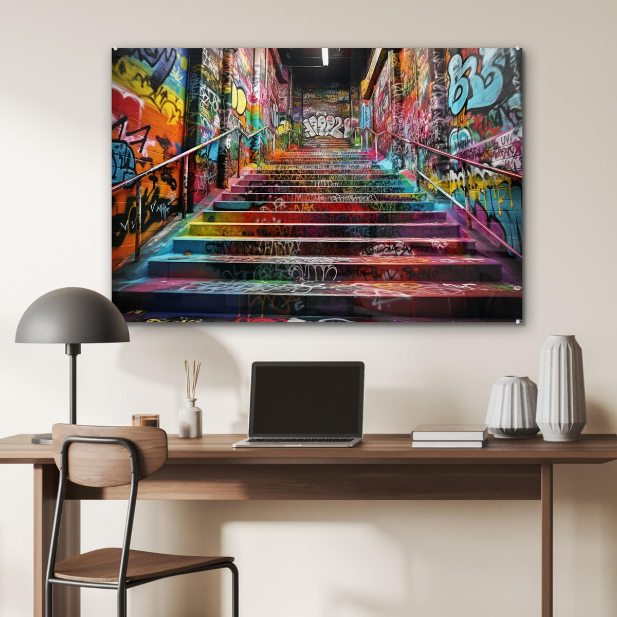 ACRYLGLASBILD Treppe - Graffiti - Farben - Kunst 90x60 cm - Multicolor, Glas (90/60cm) - MuchoWow