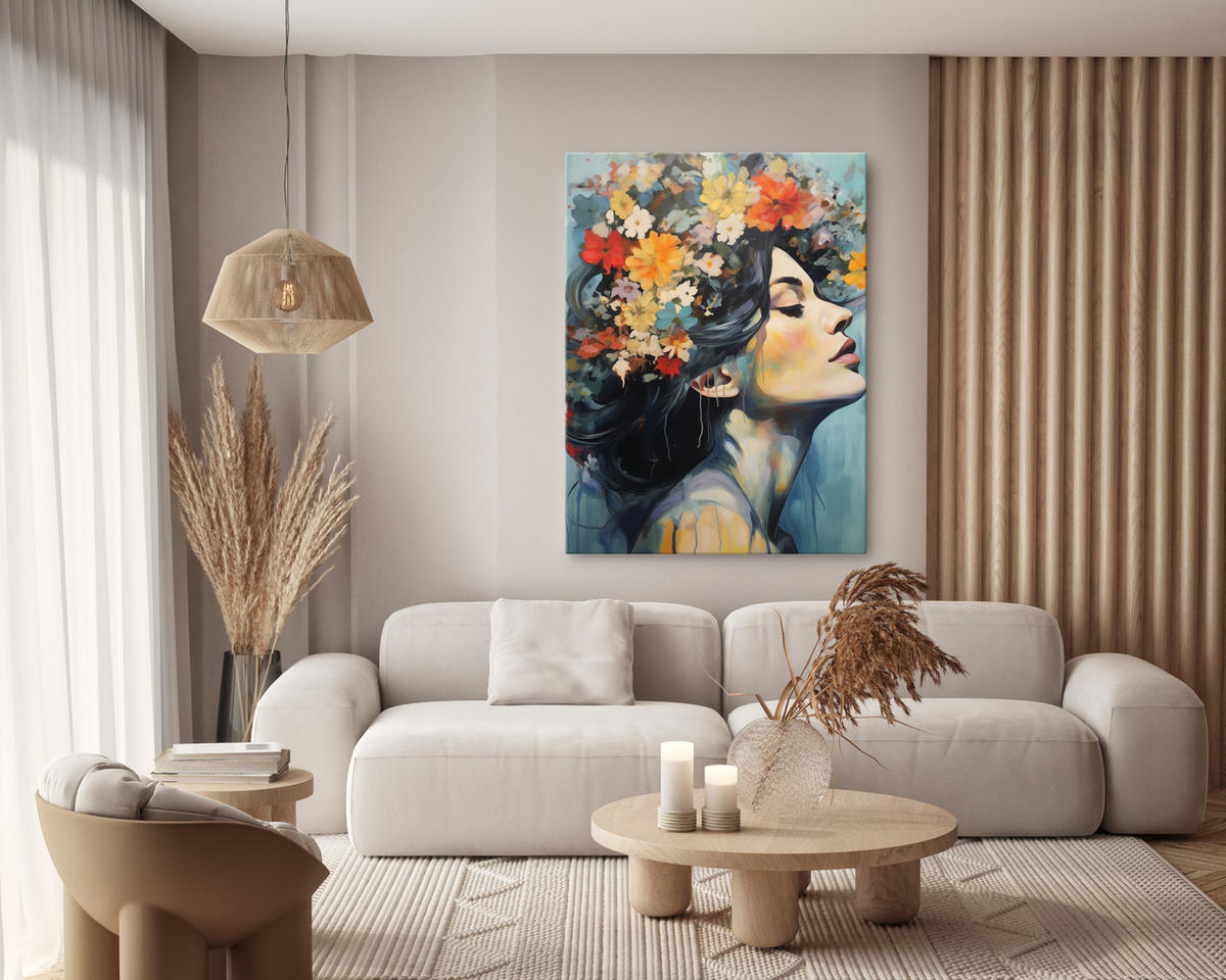 LEINWANDBILD Frau Porträt Gesicht Blumen 50x70 - Blau/Beige, Textil (50/70cm) - Muralo