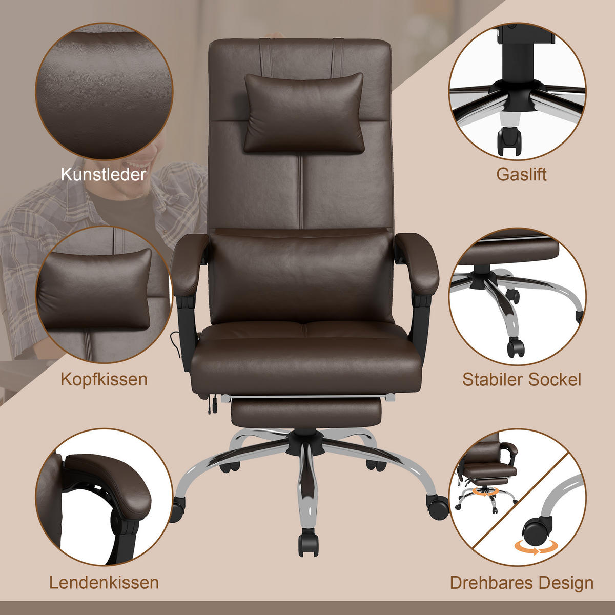 BÜROSTUHL mit Liegefunktion 66 x 67 x 123 cm Kaffee-Braun - Braun, Kunststoff (66/123/67cm) - Vinsetto