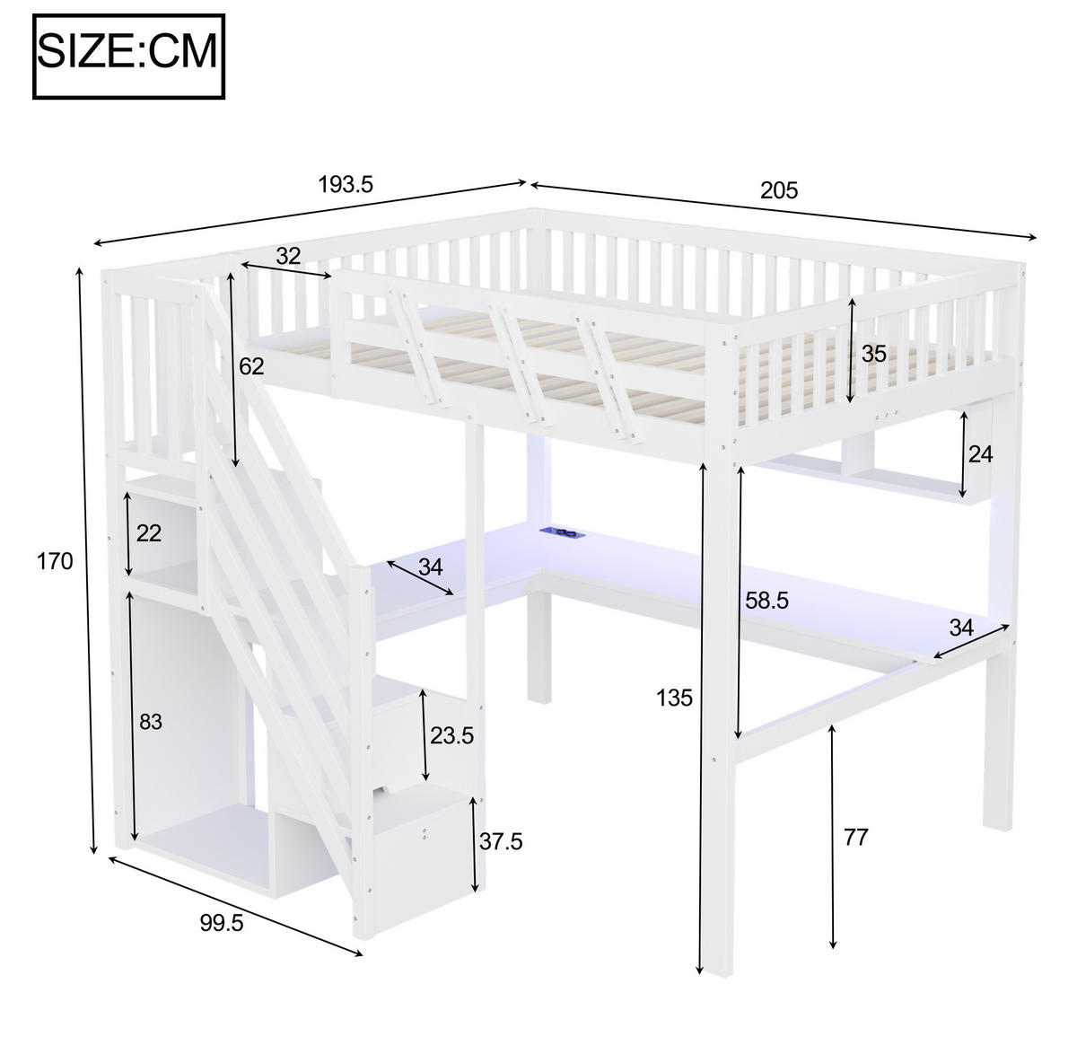 HOCHBETT 140x200 cm in Weiß mit Schreibtisch, Stauraumtreppe und LED-Beleuchtung - Weiß, Holz (140/200cm) - IVMEU