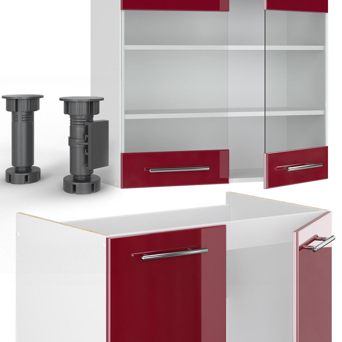 KÜCHENZEILE Fame-Line Bordeaux Hochglanz/Weiß 200 cm, AP Eiche - Bordeaux/Weiß, Holzwerkstoff (200/81.6/60cm) - Vicco