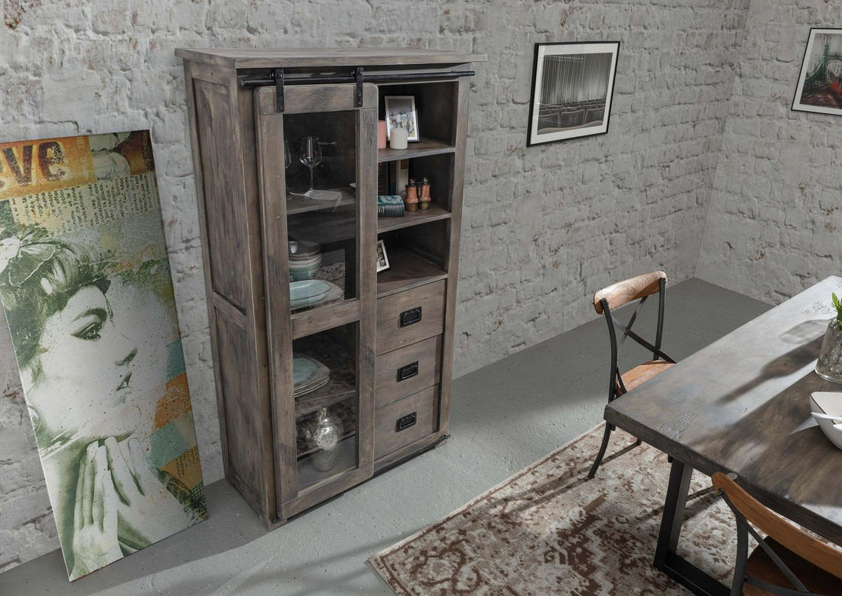 VITRINE Mango 100x45x175 grau lackiert RAILWAY #226 - Grau, Holz (100/175/45cm) - Massivmoebel24