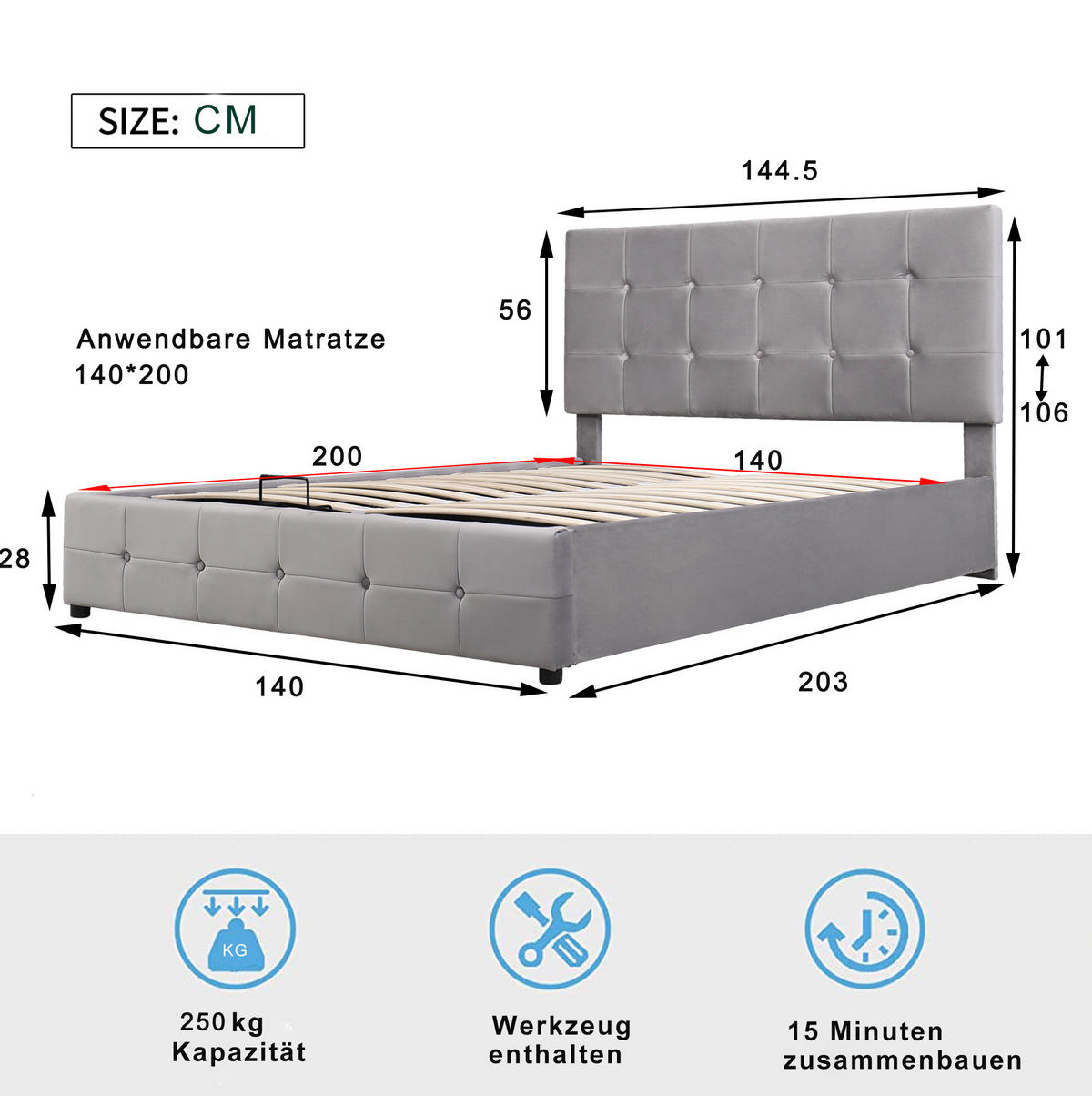 ČALÚNENÁ posteľ z MDF, kovu a zamatu 140x200 cm sivá s hydraulickým úložným priestorom a lamelovým roštom - sivá, textil (140/200cm) - Modfu