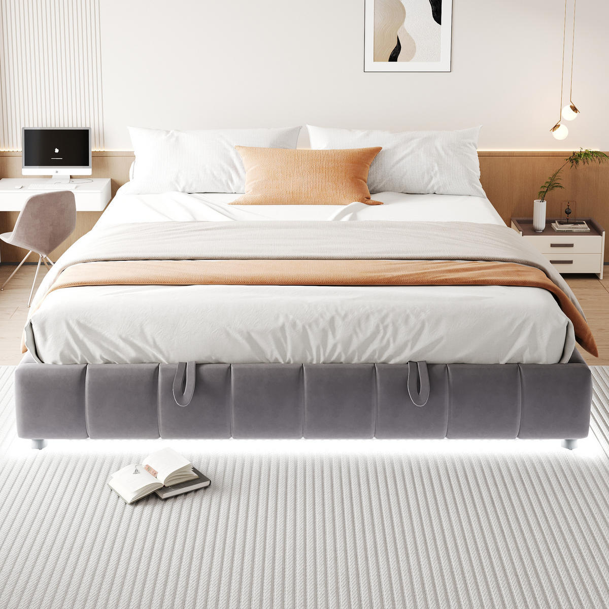 BETT ohne Kopfteil mit Stauraum und LED 180x200 cm Grau - Grau, Metall (180/200cm) - Meubliv