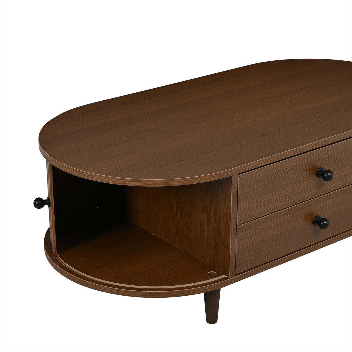 COUCHTISCH in Holzoptik Runder Kaffeetisch mit Rolltüren und Schubladen, Massivholzbeinen, 100/50/36 cm - Dunkelbraun, Holzwerkstoff (50/100/36cm) - STILVORA