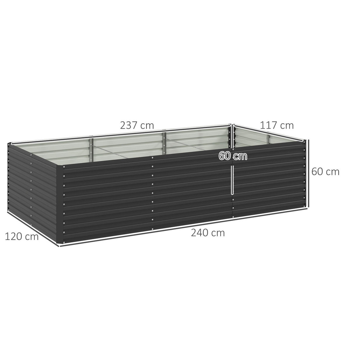 HOCHBEET DE-12170 240/120/60 cm, e/tra tief, offener Boden Grau - Dunkelgrau, Metall (240/60/120cm) - ComfortXL