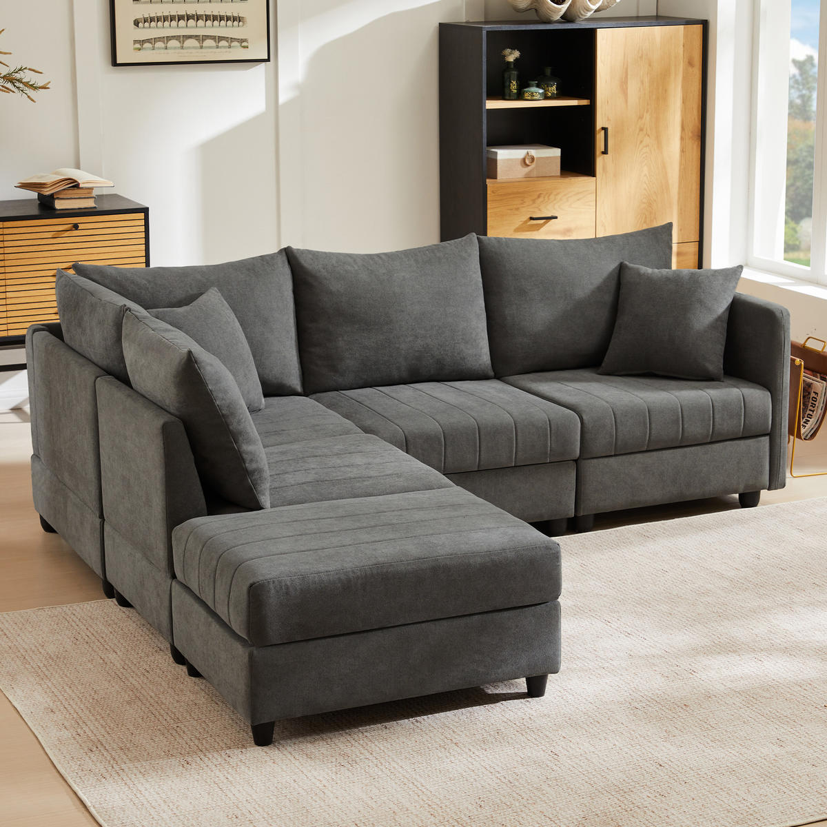 ECKSOFA 220/194/85 cm Grau mit umwandelbarem Fußhocker - Grau, Textil (220/194cm) - Oxeza