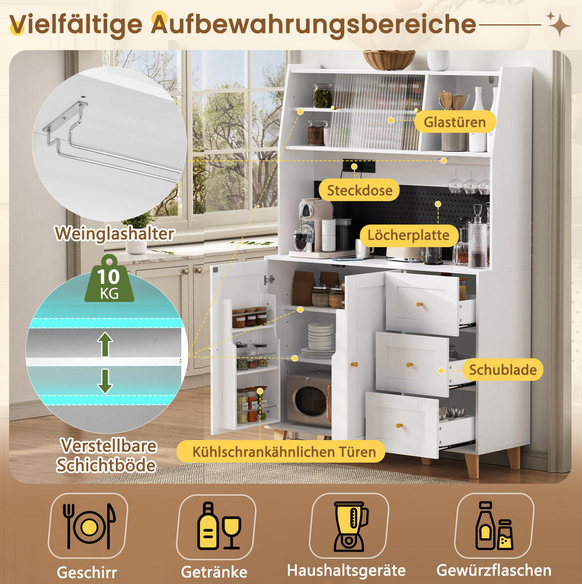BUFFET 120/40/184 cm aus MDF mit Steckdosen, Lochplatte und Riffelglastüren Weiß - Weiß, Holzwerkstoff (120/184/40cm) - Modenvie