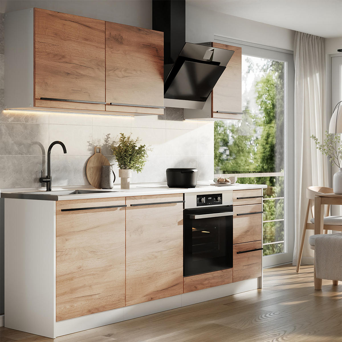 KÜCHENZEILE R-Line, Goldkraft Eiche/Weiß, 220 cm Arbeitsplatte Marmor - Honigeiche/Weiß, Holzwerkstoff (220/81.6/60cm) - Vicco