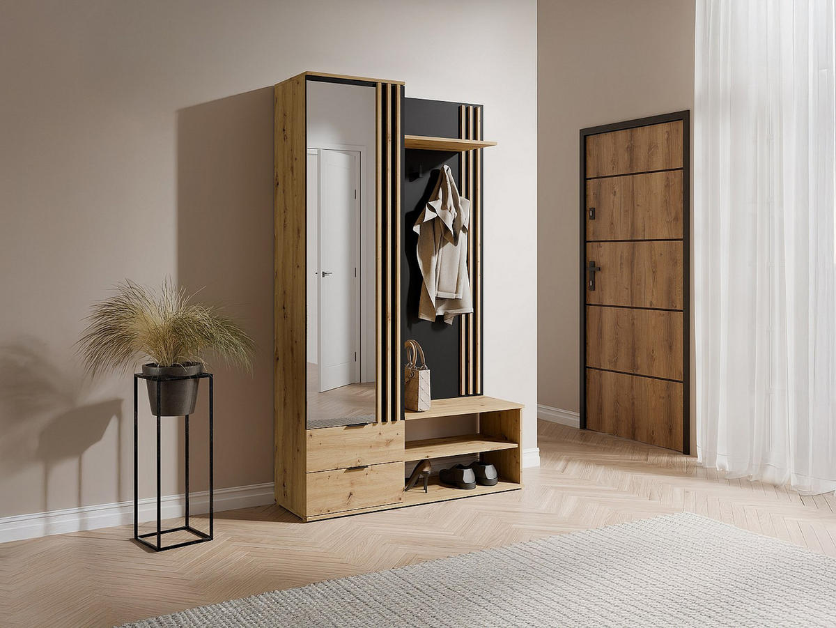 GARDEROBE mit Spiegel & Stauraum - Holzfarben & Schwarz - JANAKIA - Schwarz, Holz (40/201/120cm) - Vente-Unique