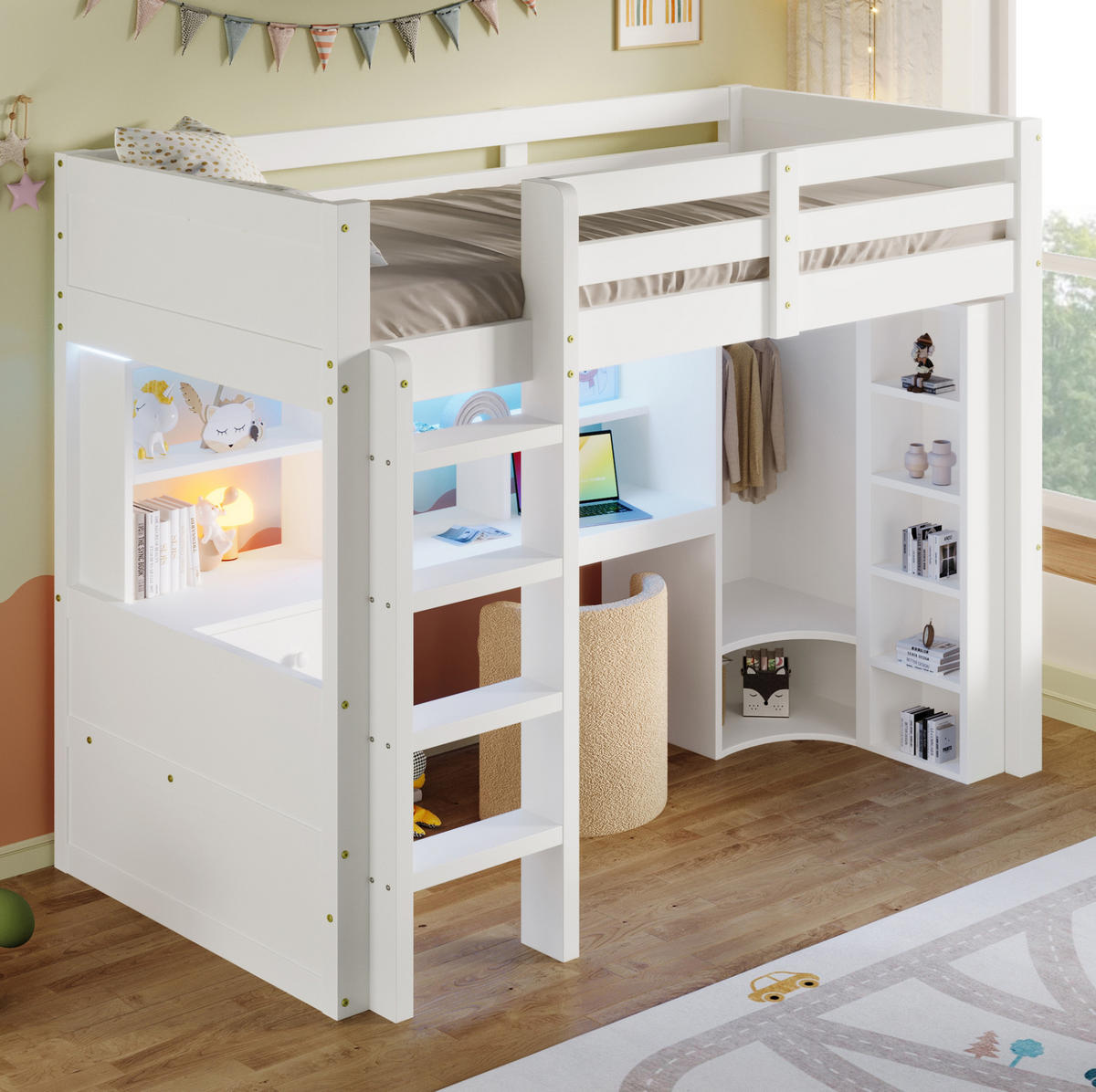 HOCHBETT 90/200 cm in Weiß mit LED-Beleuchtung, Schreibtisch und Kleiderschrank - Weiß, Holzwerkstoff (90/200cm) - Flora Grace