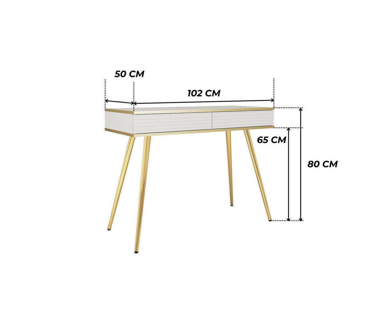 KONSOLENTISCH FORNO (Weiß, Rillenfront, Goldene Details, 2 Schubladen, goldene Metallfüße, 102 cm) - Gelb/Goldfarben, Holz/Holzwerkstoff (50/102/80cm) - Ravio