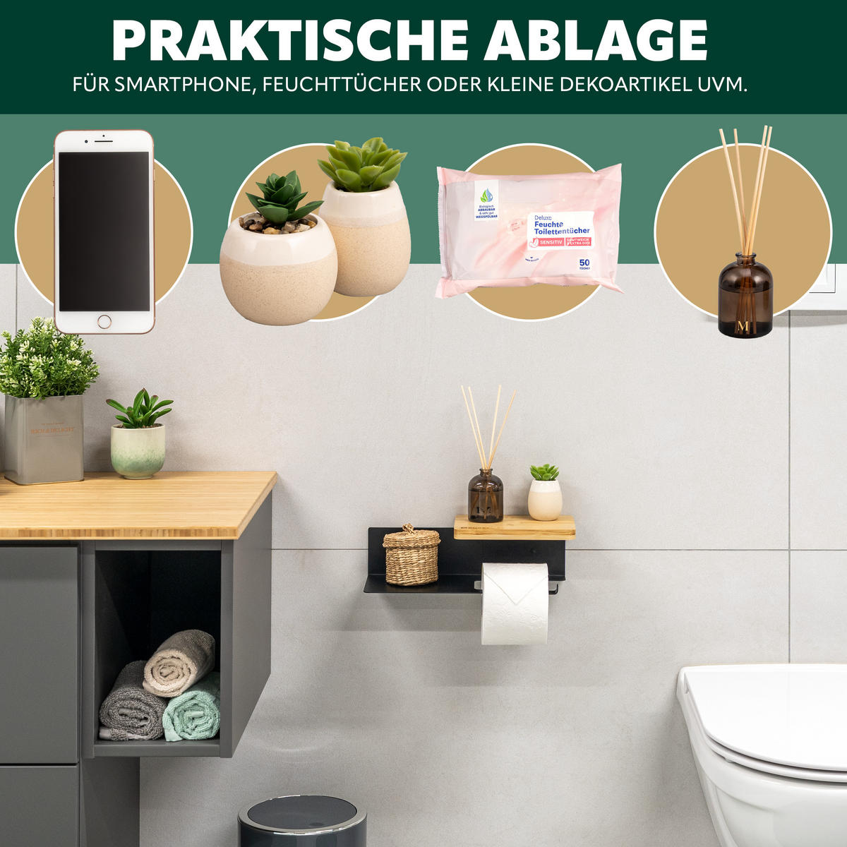 TOILETTENPAPIERHALTER VARAZ mit 2 Ablagen, Metall und Bambus - Schwarz, Metall (31.5/9.5/13cm) - eluno