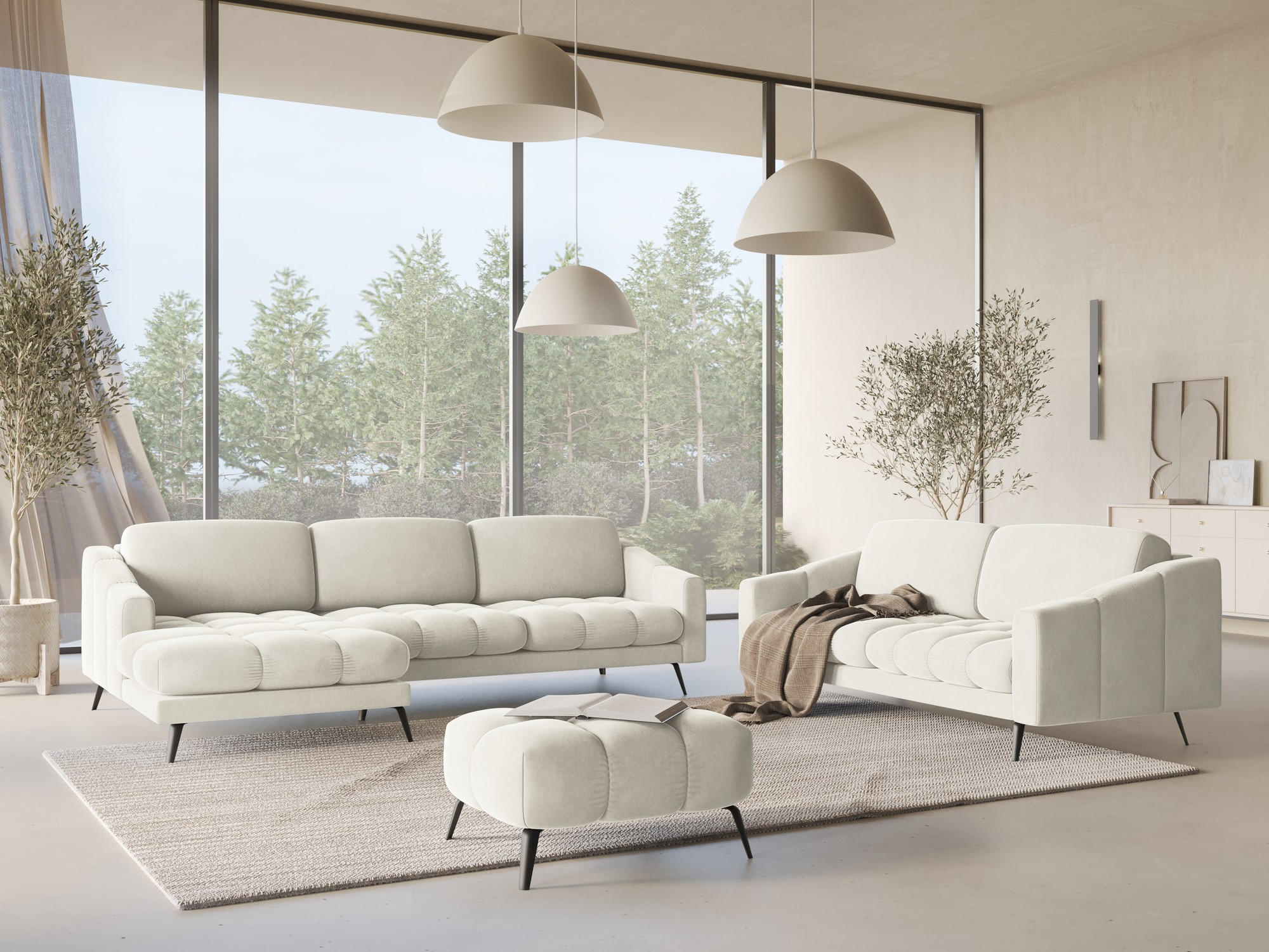 ECKSOFA Links Samt Stoff Beige - Beige/Creme, Textil/Metall (160/264cm) - Makamii