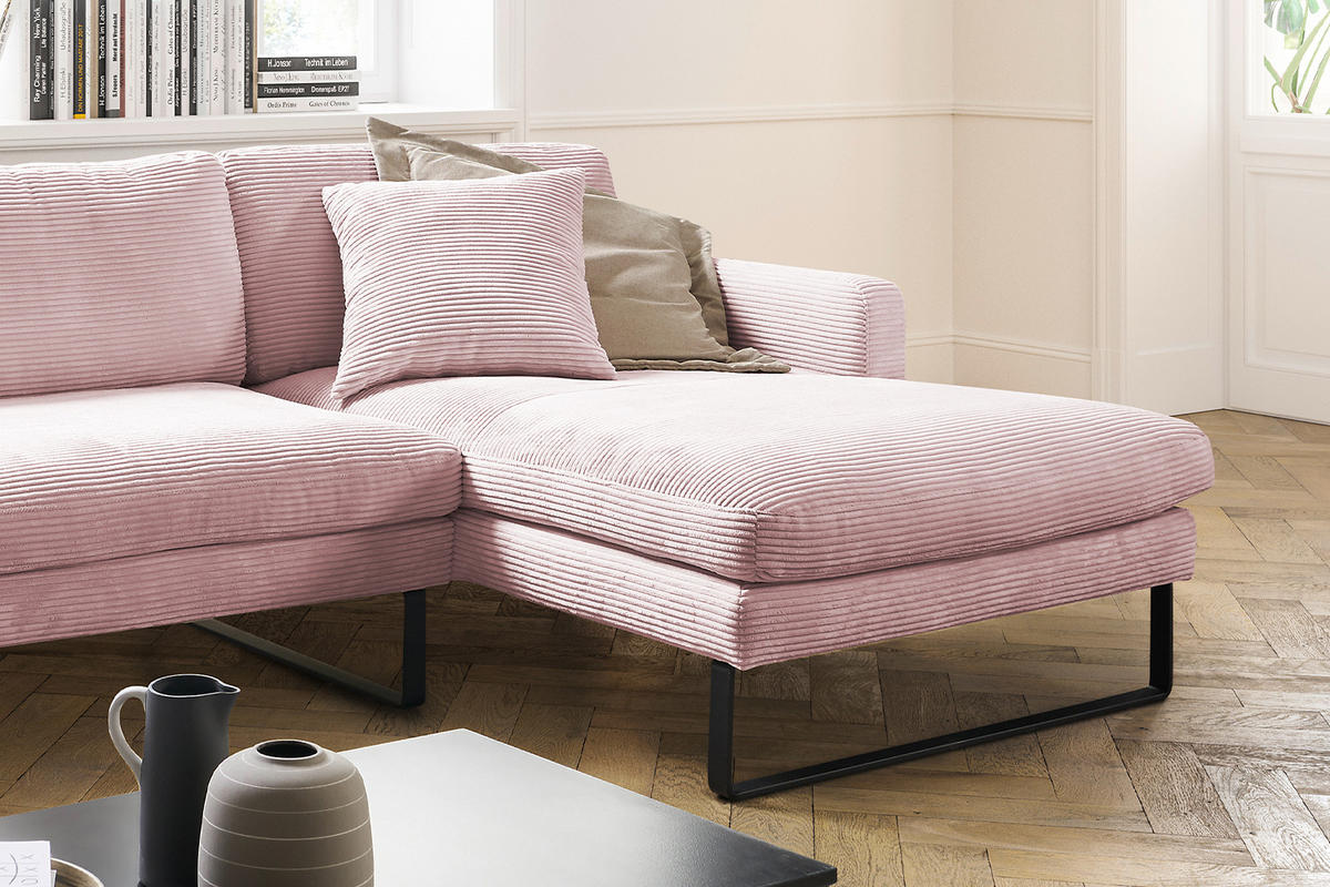 ECKSOFA RICARDA Pink Cord - Pink/Schwarz, Textil/Metall (298/154cm) - KAWOLA