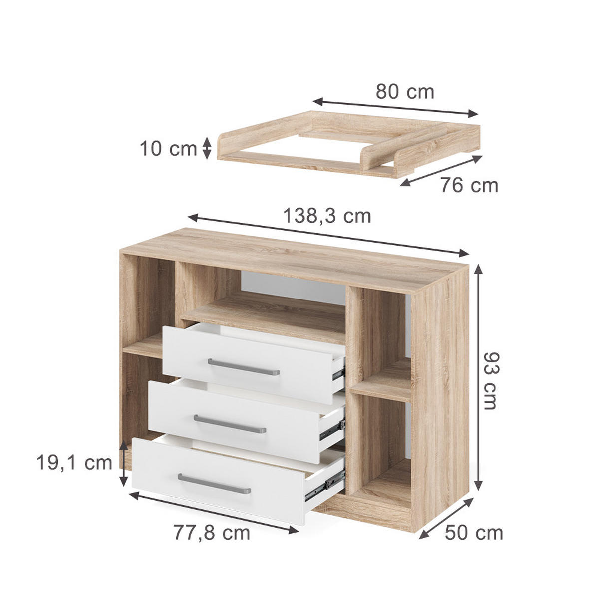 PREVIJALNA OMARA Olina, Sonoma/Bela, 138.3 x 93 cm - bela/hrast sonoma, leseni material (138.3/93/50cm) - Vicco