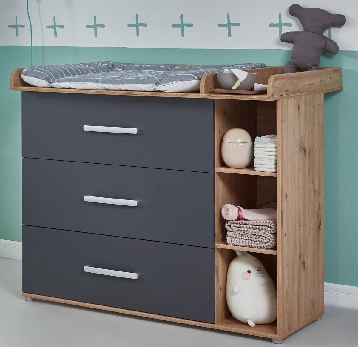 WICKELKOMMODE Alessio 115/100/75 cm Anthrazit Artisan Oak - Anthrazit/Silberfarben, Holzwerkstoff/Kunststoff (115/100/75cm) - arthur berndt