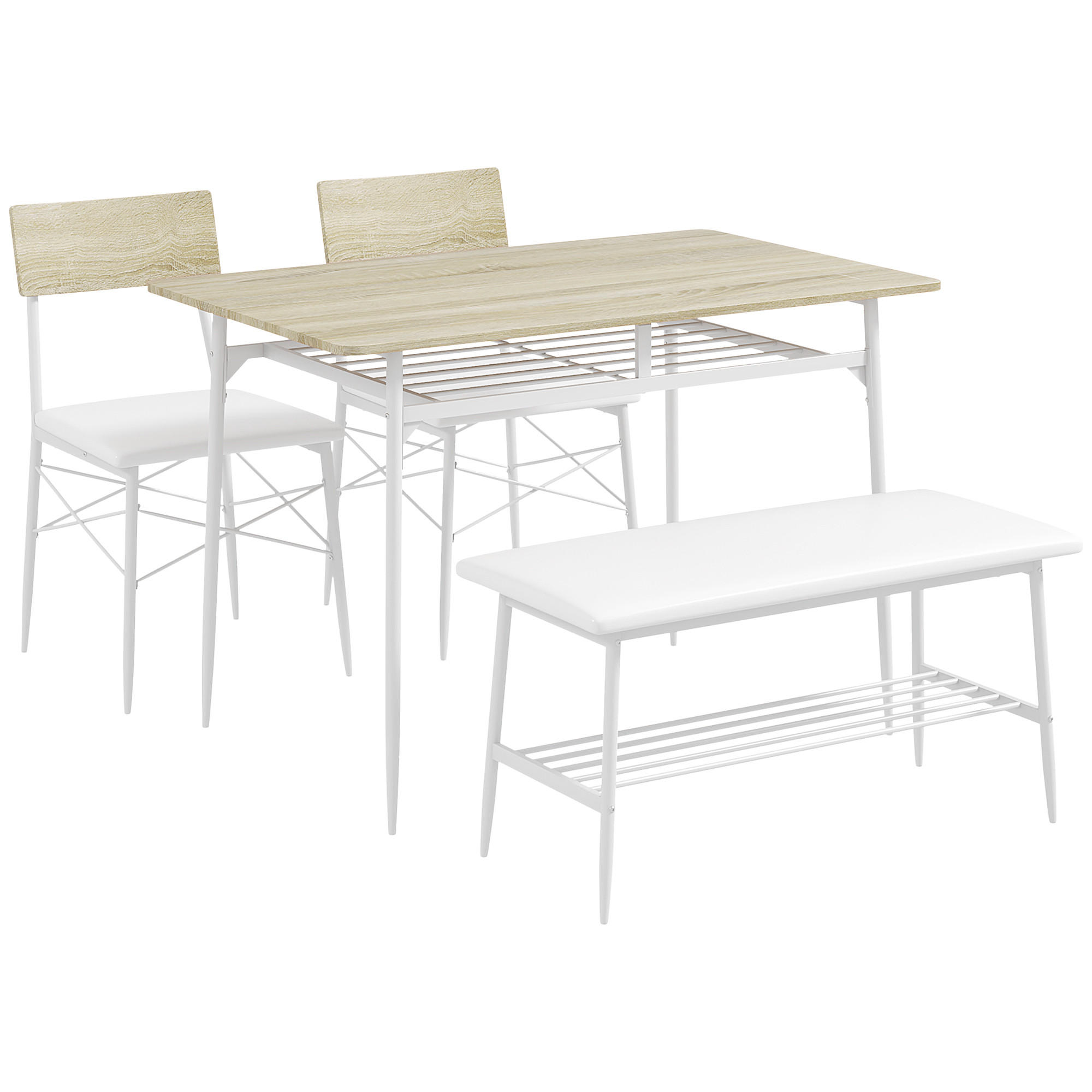 ESSGRUPPE 4er-Set, Esstisch mit Bank und 2 Stühlen, Küchentisch-Set mit Ablage - Eichefarben/Weiß, Kunststoff/Metall (70/75/110cm) - HOMCOM
