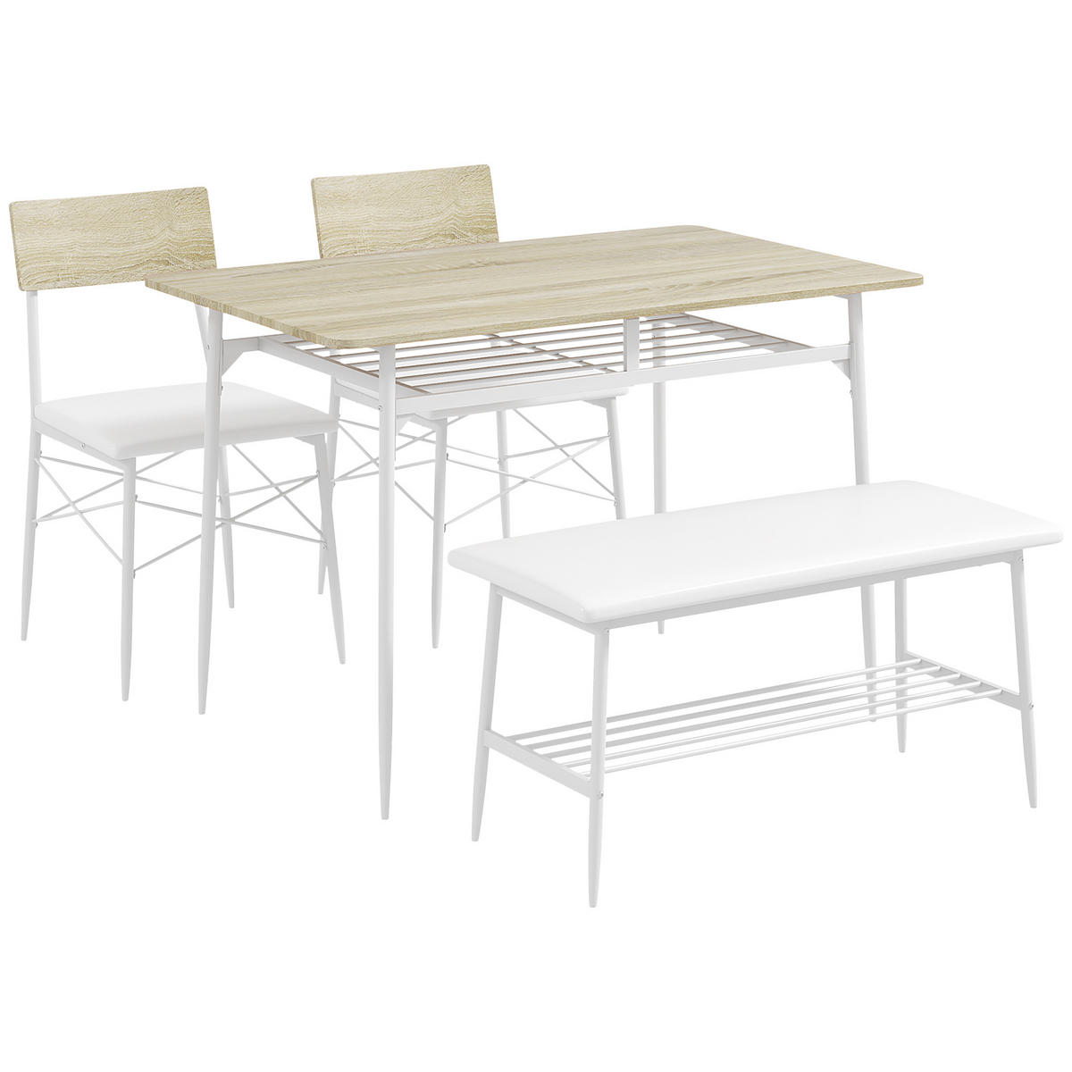 ESSGRUPPE 4er-Set, Esstisch mit Bank und 2 Stühlen, Küchentisch-Set mit Ablage - Eichefarben/Weiß, Kunststoff/Metall (70/75/110cm) - HOMCOM