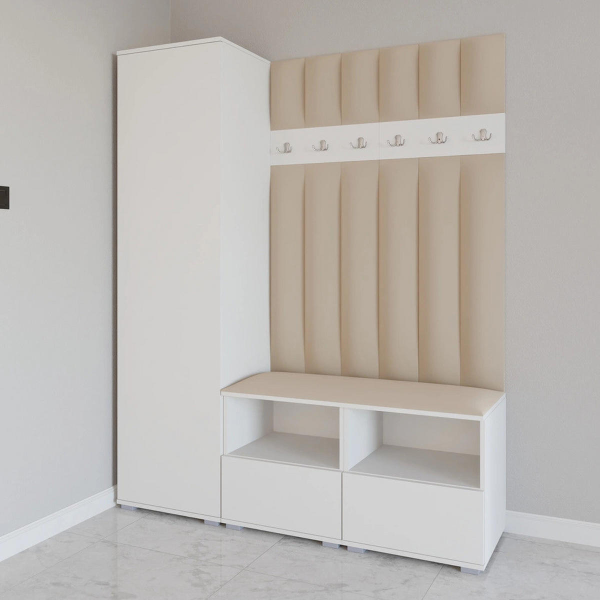 GEPOLSTERT Garderoben-Set Nela II LUX (Farbe Weiß + Stoff Trinity 04) - Beige/Silberfarben, Holz/Holzwerkstoff (150/187/40cm) - Ravio