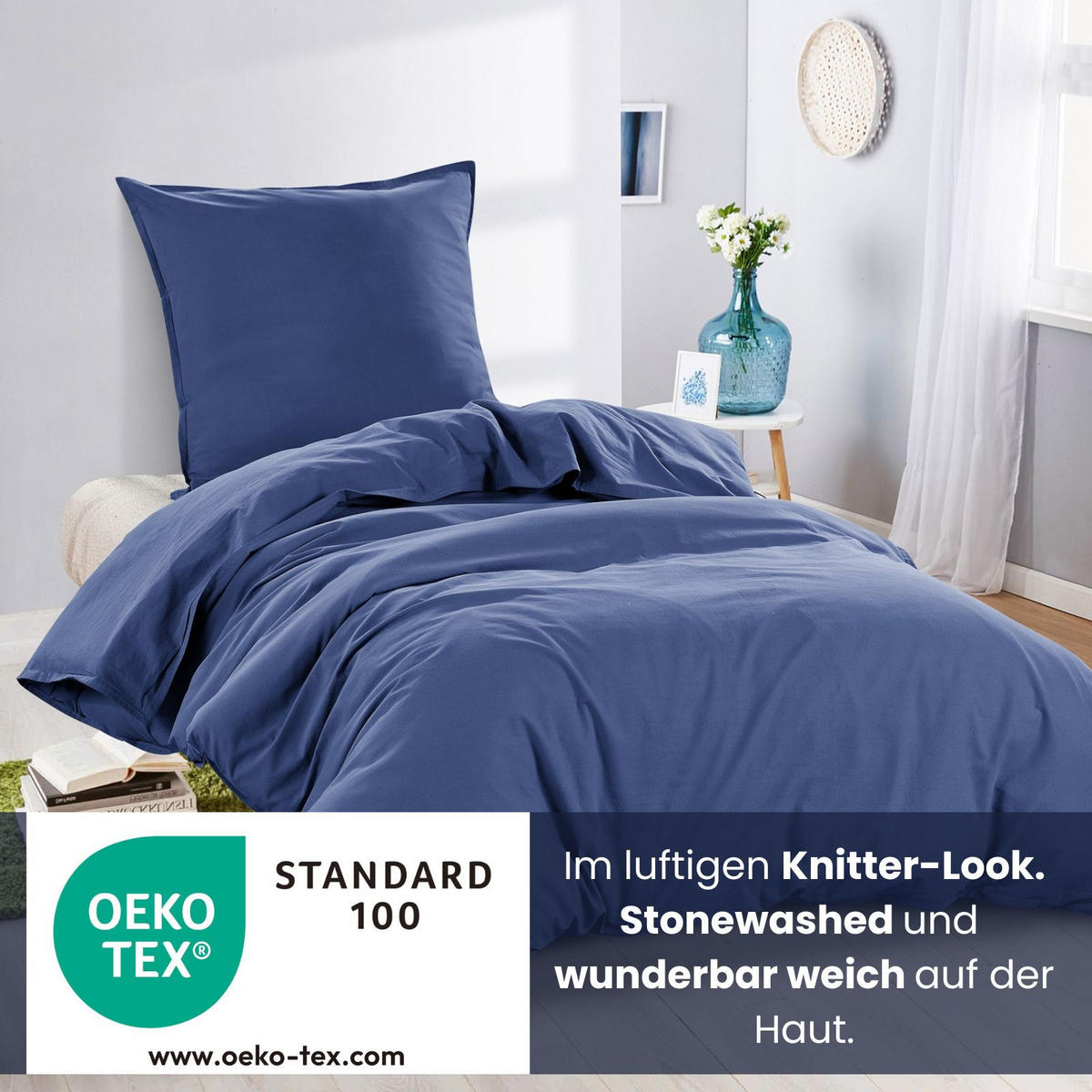 BETTWÄSCHE Stone Washed blau 155/220 cm 100% Baumwolle Used-Effekt mit Stehsaum - Blau, Textil (155/220cm) - wometo