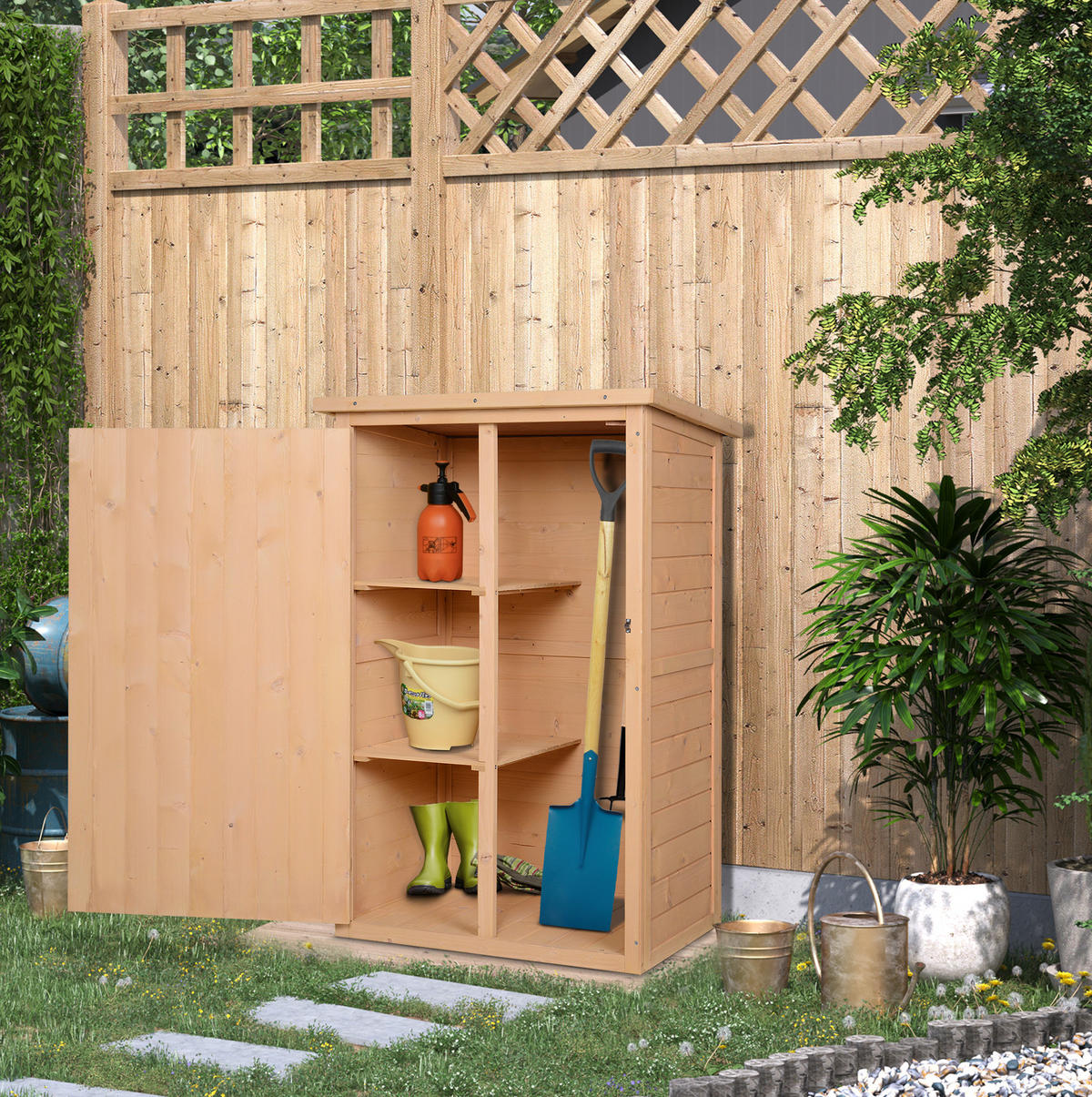GARTENSCHRANK aus Holz 75x56x115 cm in Naturholz mit 2 Regalböden & Verriegelung - Naturfarben, Holz (56/115/75cm) - Modfu