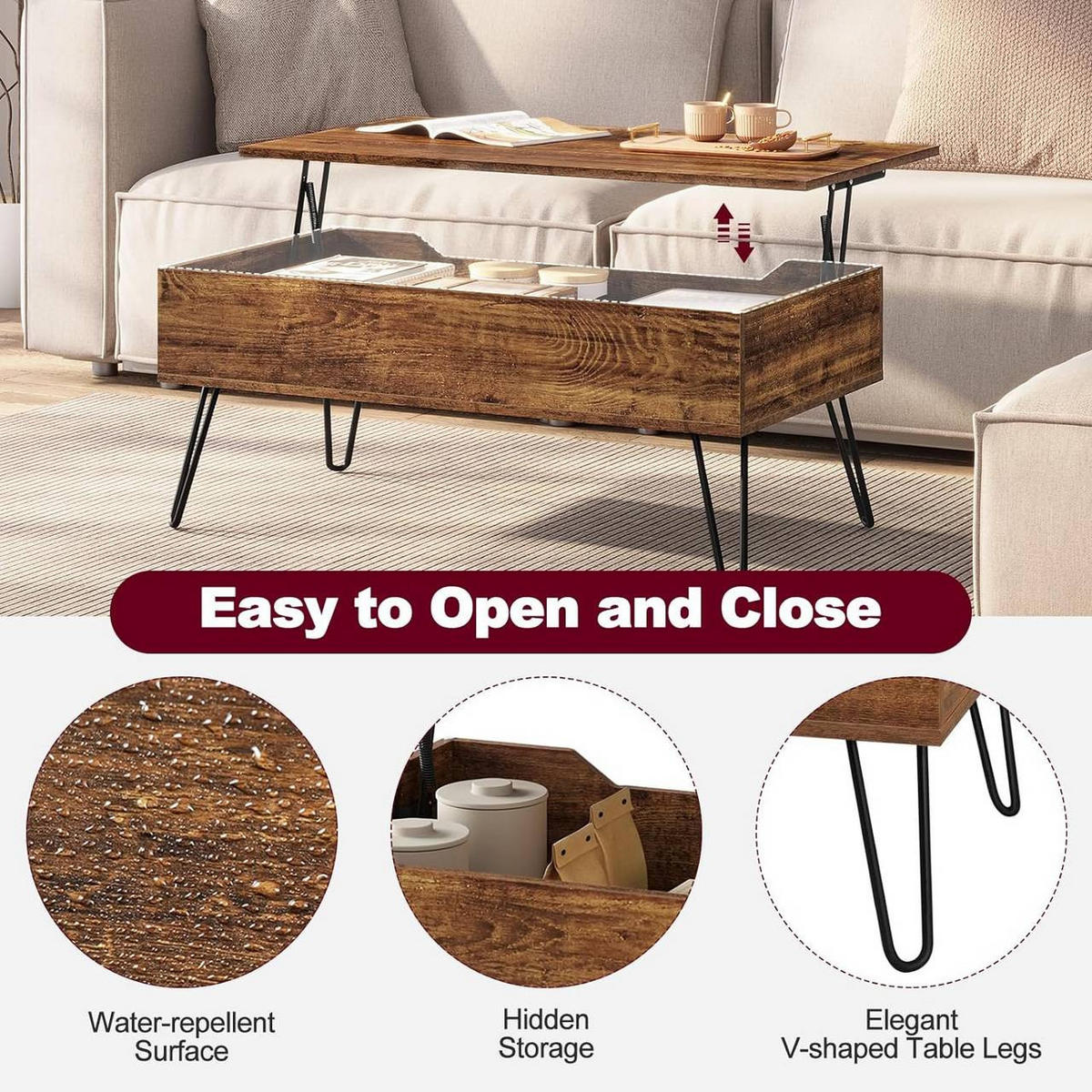 COUCHTISCH mit Stauraum, Metallbeine, Vintage-Holzoptik - Alteiche, Holzwerkstoff/Metall (50/95/40cm) - Woltu