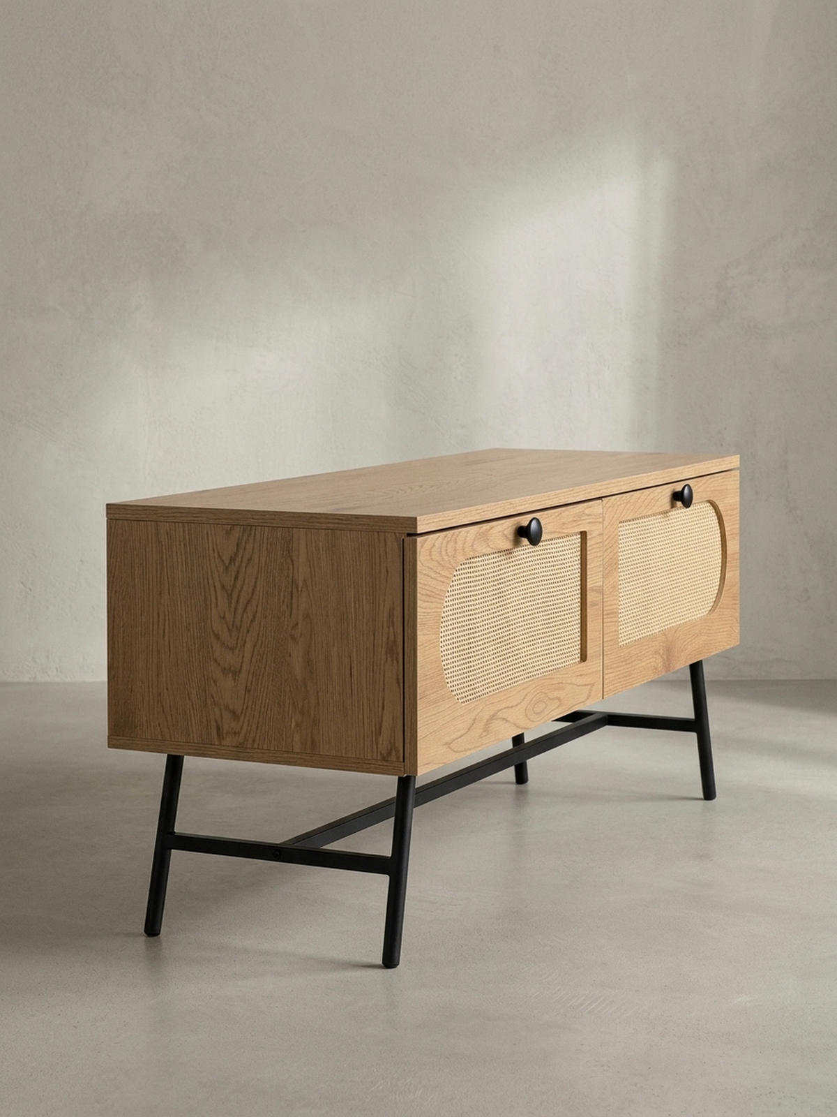 LOWBOARD Eiche-Dekor Rattan Modern Stil 100x45x40 cm mit Schubladen - Schwarz/Braun, Holzwerkstoff/Metall (100/45/40cm) - KADIMA DESIGN