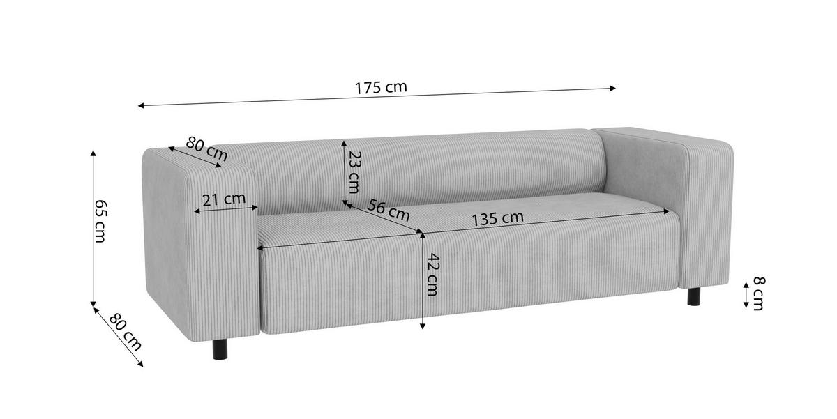 3-SITZER-SOFA Tove Hellgrau Cord - Hellgrau/Schwarz, Holz/Kunststoff (135/65/80cm) - S-Style Möbel