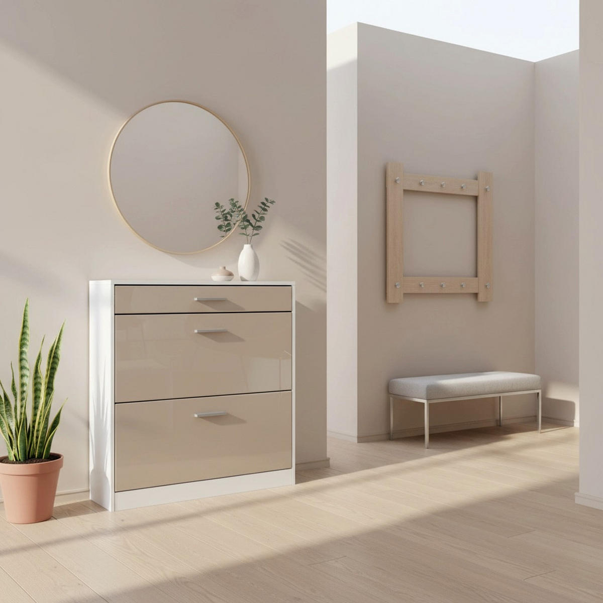 SCHUHSCHRANK Roma Schmal mit 2 Klappen und 1 Schublade, Platzsparender Schuhkipper, Weiß matt/Sandgrau Hochglanz (89 x 95,5 x 23 cm) - Beige, Holzwerkstoff (89/95.5/23cm) - InnoFurn