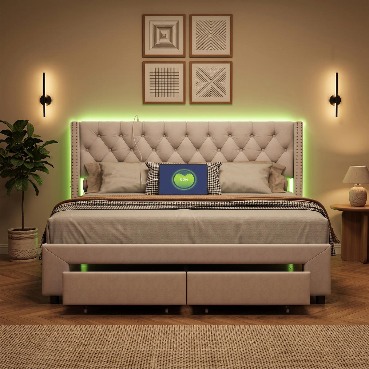 POLSTERBETT 180x200 mit LED und USB, Stauraum, Lattenrost und 2 Schubladen, doppelbett 180x200, Samt Ecru - Ecru, Holz/Textil (180/200cm) - GENKI LIVING