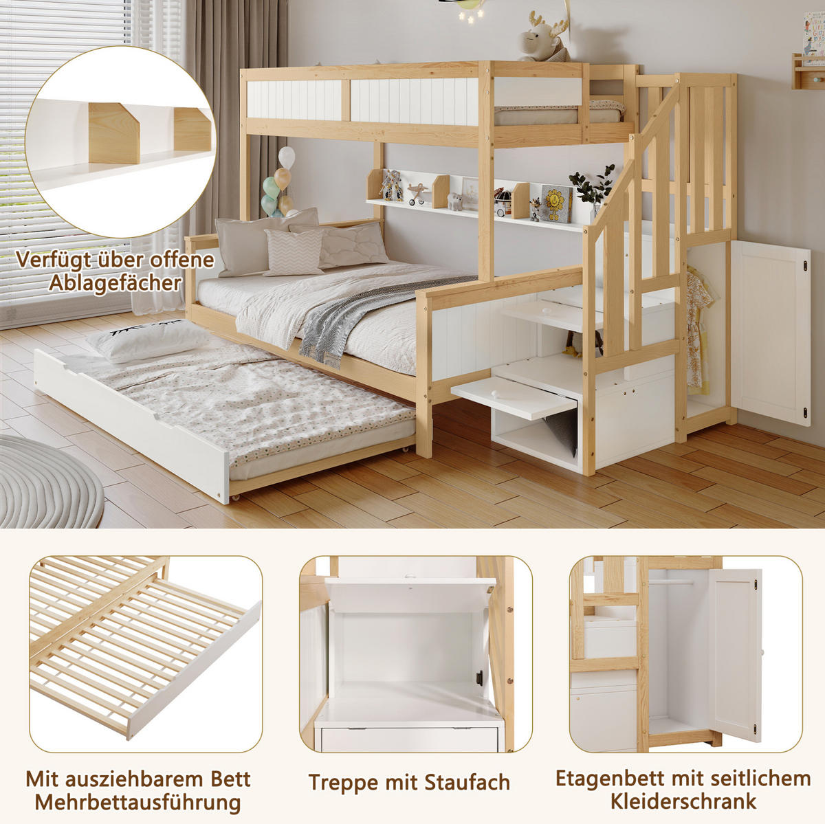 ETAGENBETT 90/200 & 120/200 cm mit Rollbett und Stauraumtreppe - Weiß, Holzwerkstoff (90/200cm) - BEAOK