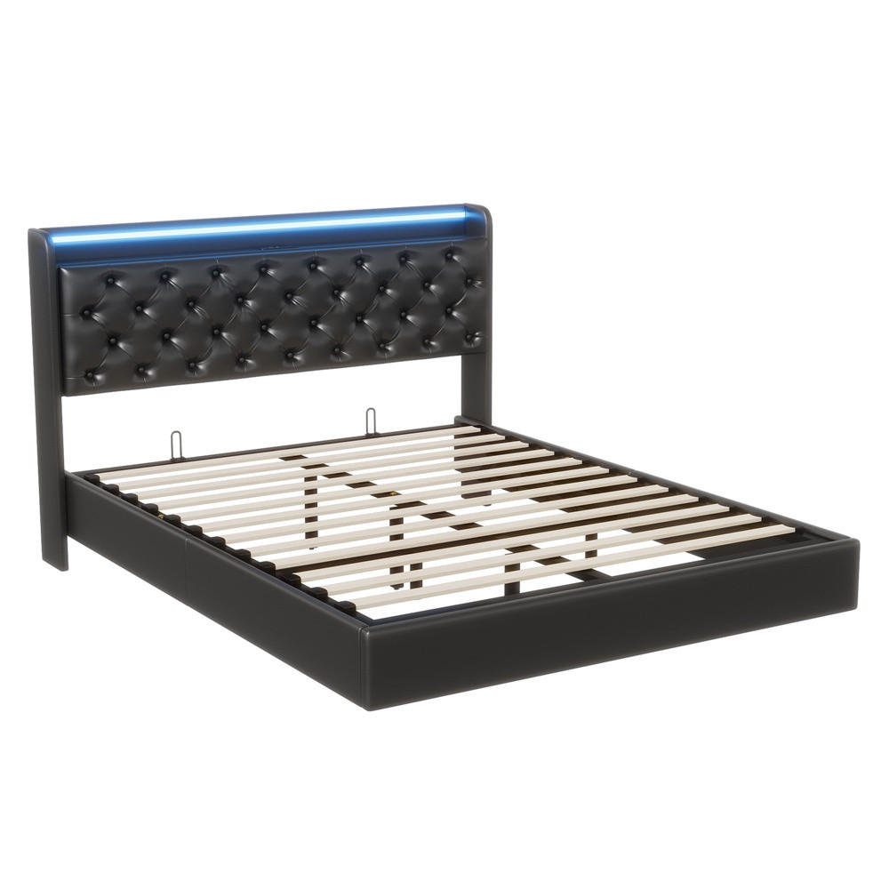 POLSTERBETT 140x200 cm mit LED-Beleuchtung - USB-Anschluss - Kopfteil-Stauraum und hydraulischem Stauraum - Schwarz - Schwarz, Textil (140/200cm) - DELFA
