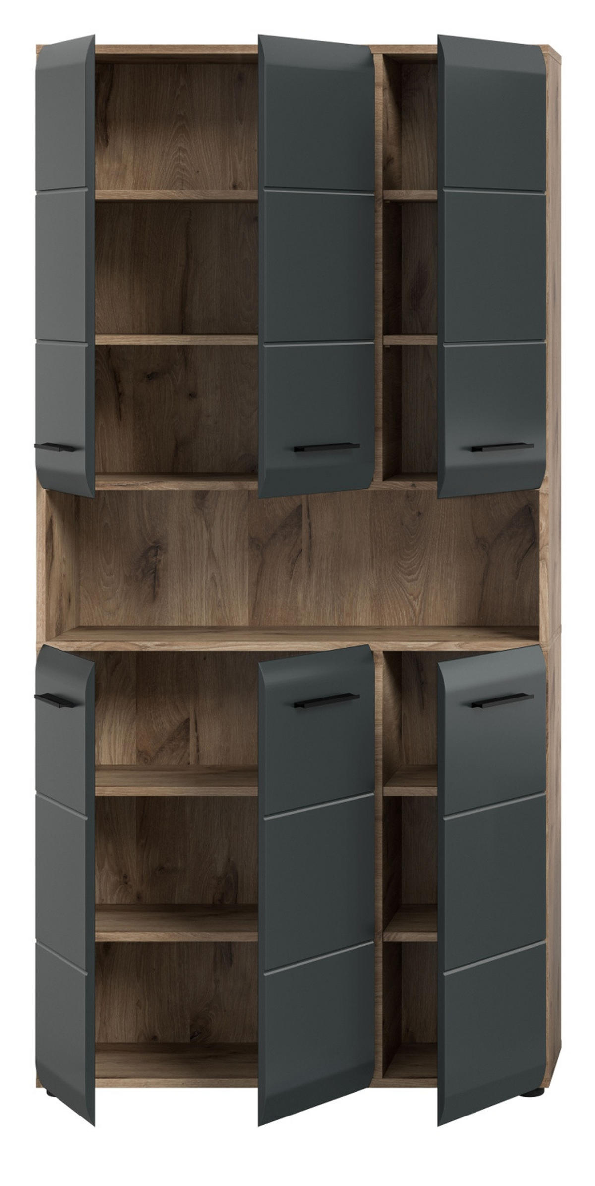 HOCHSCHRANK schwarz matt, Eiche, Badschrank Mehrzweckschrank 6-türig 90 x 185 cm - Eichefarben/Schwarz, Holzwerkstoff/Kunststoff (90/185/30cm) - Inn.Furn