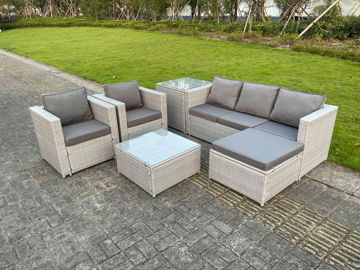 GARTENSOFA Polyrattan Helles Grau 6-Sitzer - Hellgrau, Metall - Fimous