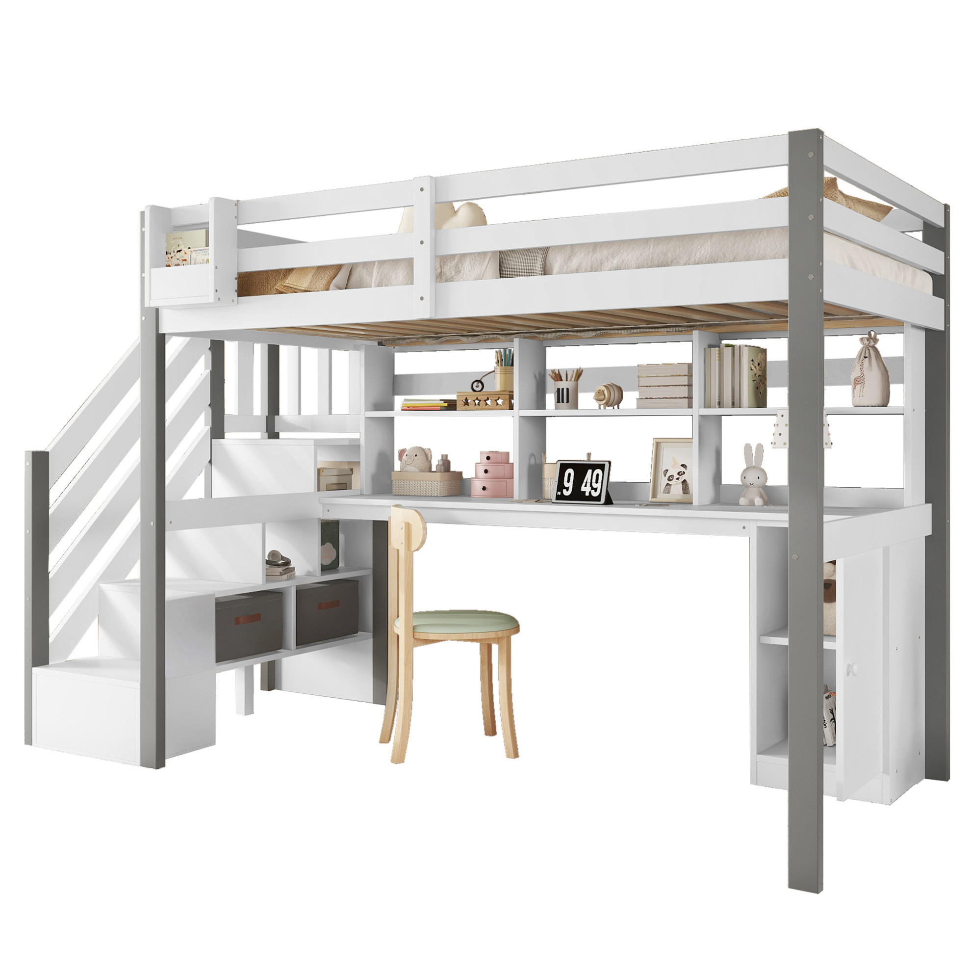 HOCHBETT 90/200 cm Weiß/Grau aus Massivholz und MDF mit Schreibtisch und Stauraum - Weiß, Holz (90/200cm) - OKMYHOME