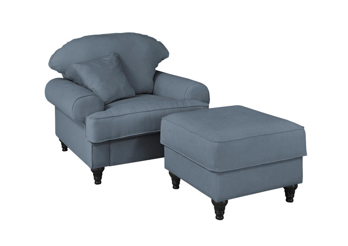 SESSEL-SET blau Landhaus, Loungesessel inklusive Hocker - Blau/Braun, Holz/Textil (175/95/110cm) - Furn.Design