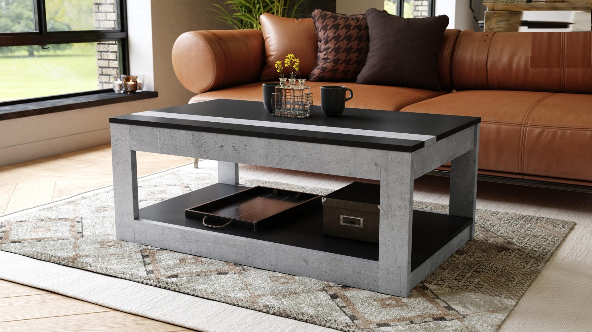 COUCHTISCH rechteckig Schwarz - Beton aufklappbar - Hellgrau/Schwarz, Holzwerkstoff (66/112/45cm) - designimpex