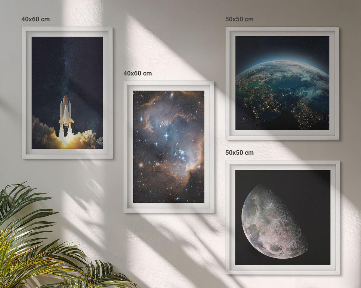 BILDER SET 4er Set - 50x50 cm & 40x60 cm Weißer Rahmen - Weltraum Erde Rakete Galaxie - Weiß, Kunststoff (50/50cm) - TULUP
