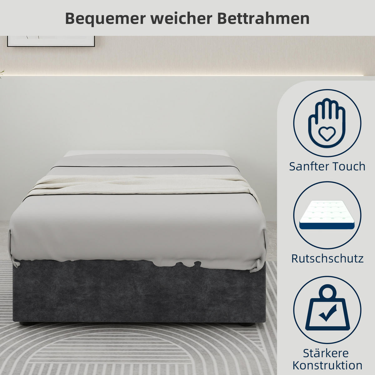 POLSTERBETT 90x200 cm Stauraum hydraulisch grau - Grau, Textil (90/200cm) - LEBENLANG