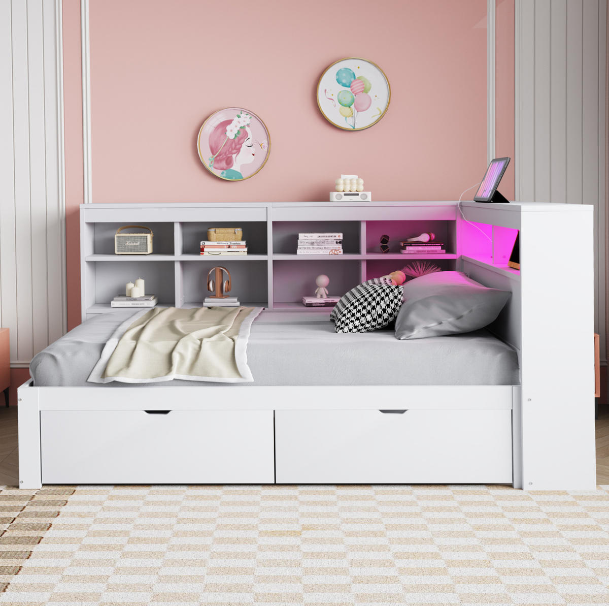 BETT 90/200 cm Weiß aus Holz mit Stauraum, USB und LED - Weiß, Holzwerkstoff (90/200cm) - OKMYHOME