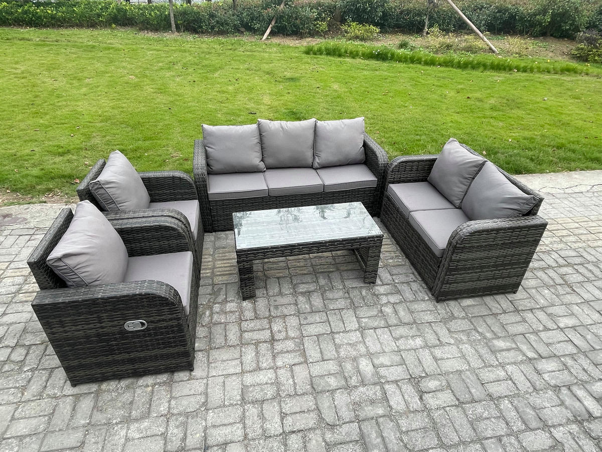 GARTENMÖBEL SET mit Sofa Polyrattan 7-Sitzer Dunkelgrau - Dunkelgrau/Grau, Glas/Kunststoff - Fimous