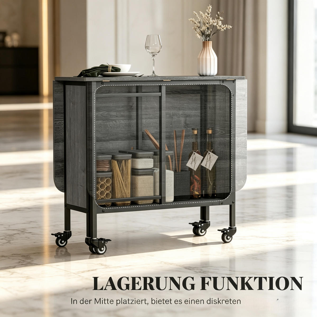 KLAPPTISCH 80-130/80/74 cm mit Rollen und Ablagefach DE-39944 Grau - Grau, Holzwerkstoff (80/130/74cm) - ComfortXL