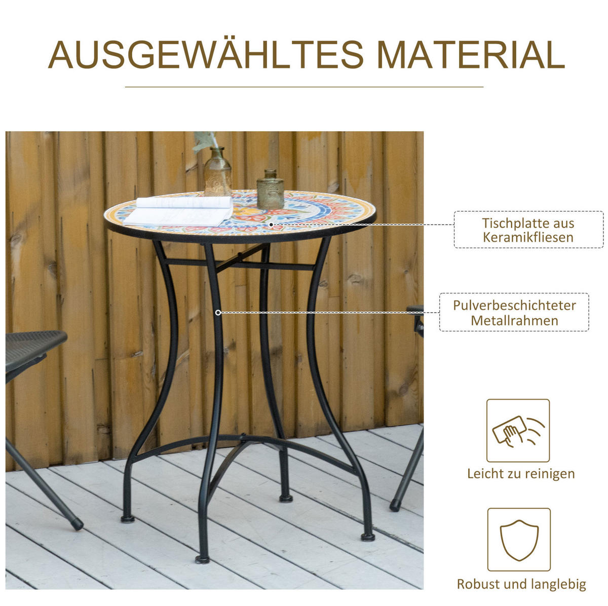 GARTENTISCH 60/60/71 cm rot aus Metall mit Mosaikplatte - Naturfarben, Metall (60/60/71cm) - OKWISH