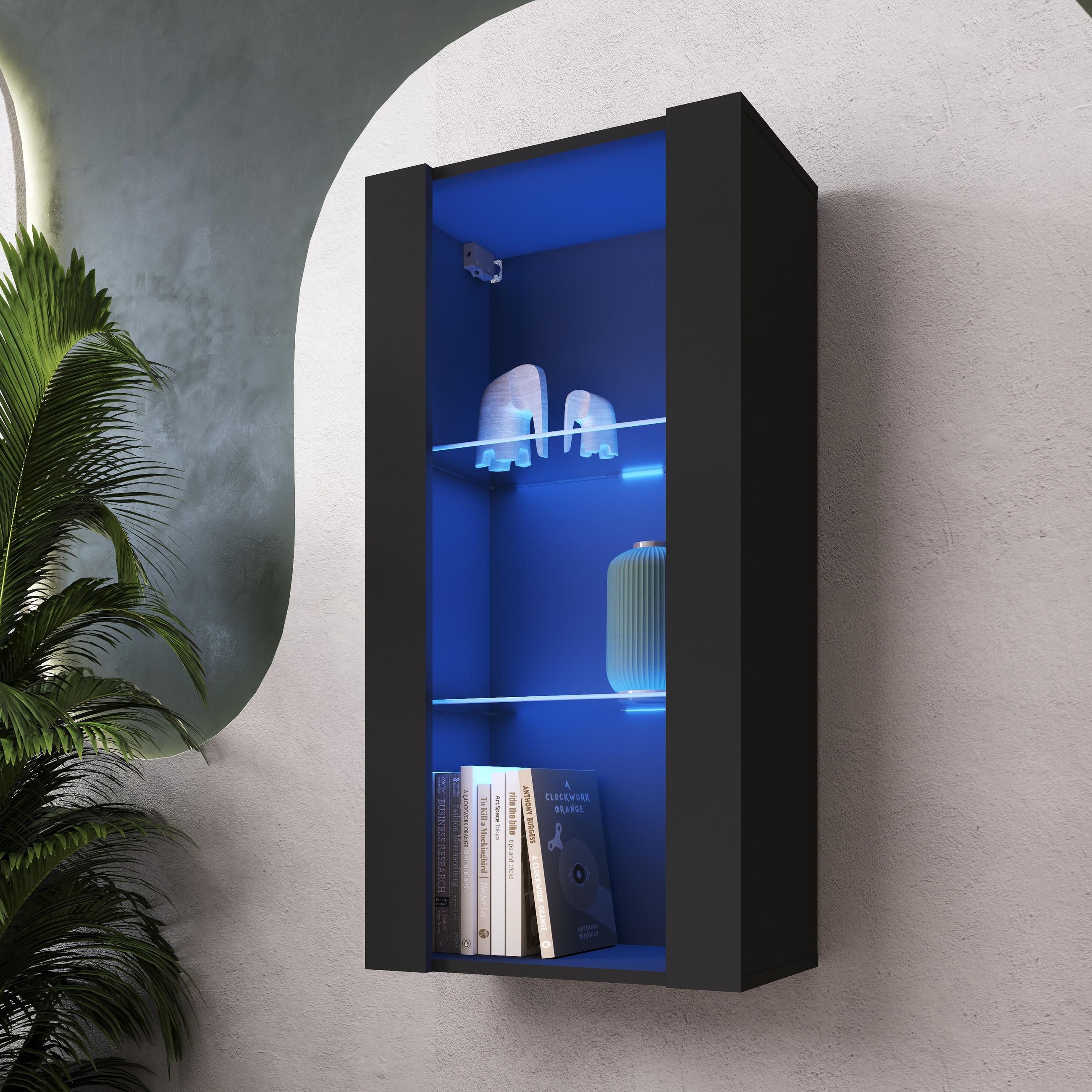 HÄNGEVITRINE TIVOLI Vertical 100, Schwarz, LED Blau - Schwarz, Glas/Holzwerkstoff (50/100/29.5cm) - Komodee