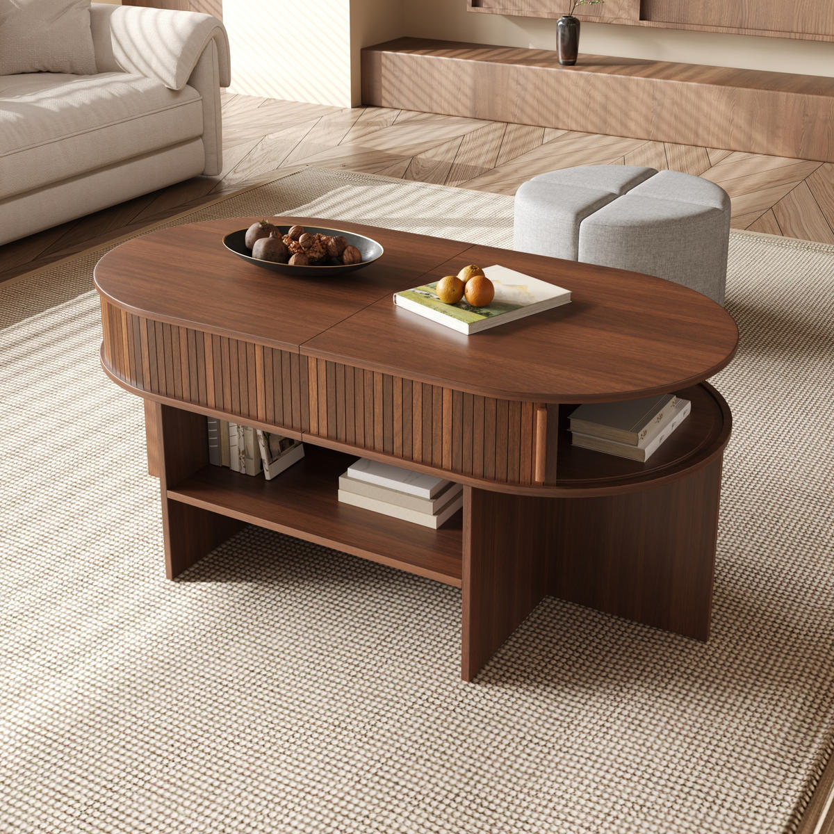 COUCHTISCH Oval Stauraum Rillenoptik mit Hockern Modern - Walnussfarben, Holzwerkstoff (60/120/51.5cm) - FLIEKS