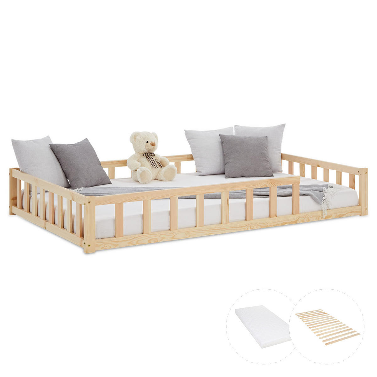 BODENBETT 120x200 cm Natur mit Lattenrost + Matratze - Naturfarben, Holz (90/200cm) - Homestyle4u